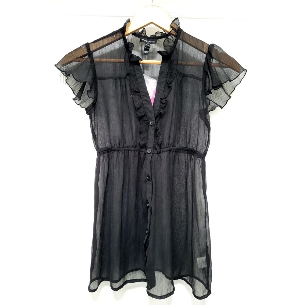 New Black Sheer Flutter Sleeve Whimsigoth Fairygrunge Button Up Top Sz XS